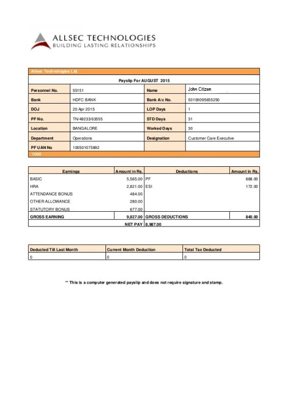 Download ALLSEC  Building technologies payslip  in Word and PDF formats Photoshop template
